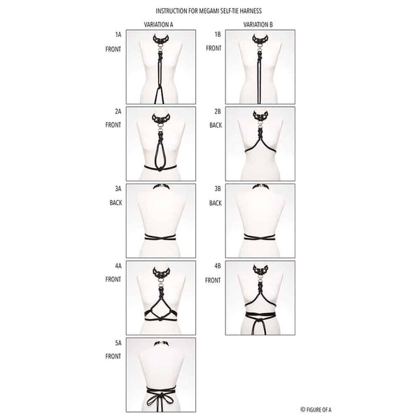 «Megami» signifie déesse en japonais. Le set Megami se compose d’un harnais Self-Tie à composer et à nouer soi-même et d’un collier amovible. Le harnais Self-tie vous permettra toutes les combinaisons possibles, l’imagination sera votre seule limite… Le Self-Tie est une longueur supplémentaire de cordes qui s’attache au tour de cou avec un petit anneau mousqueton. Il peut être enroulé autour du corps et est réglable, il peut être noué avec un simple nœud à la fois dans le dos et sur le devant. Le collier de