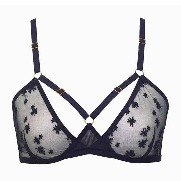 Packshot soutien-gorge souple triangle en tulle noir brodé d’étoiles ajustable grâce à des anneaux et régulateurs plaqués or 24k tulle françaiq et élastiques satinés