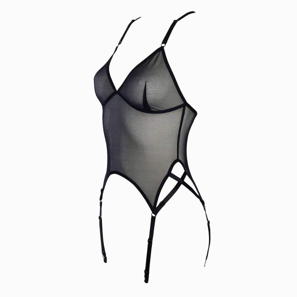 Packshot Guêpière Noire en maille stretch douce et brillante avec décolleté profond et dos nu avec élastiques satinés ajustables