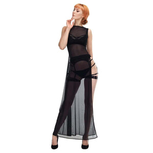 Robe en résille stretch noire longue tombé fluide fente haute sur la cuisse