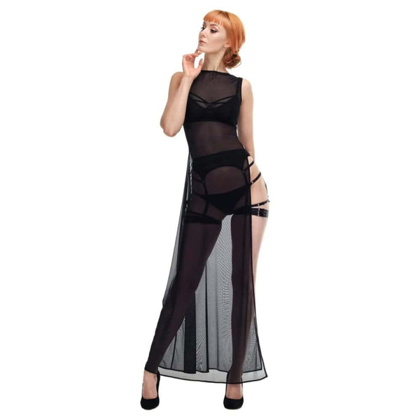 Robe en résille stretch noire longue tombé fluide fente haute sur la cuisse