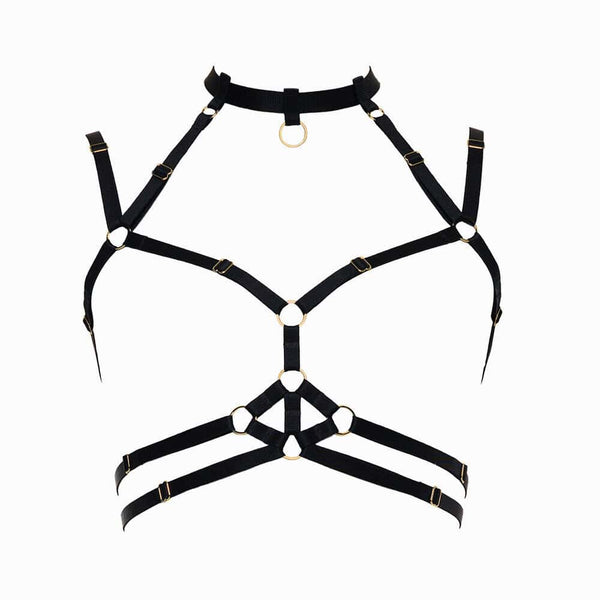 Harnais bondage Moon FLASH en sangles noires avec anneaux dorés, vue à plat sur fond blanc, design graphique et ajustable - Brigade Mondaine Paris