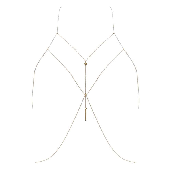 Bijou de corps en or fait à la main avec étoiles filantes pendant et croisé entre les seins FUNGI chez Brigade Mondaine