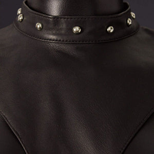 Photo Mannequin Body Ouvert en Cuir Mouton Noir Détail sur Col Cuir Noir avec Clou