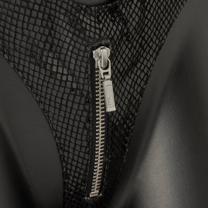 Corset en Cuir d’agneau noir effet Serpent et Elastique Satiné Détail sur Fermeture Éclair Argentée Entrejambe