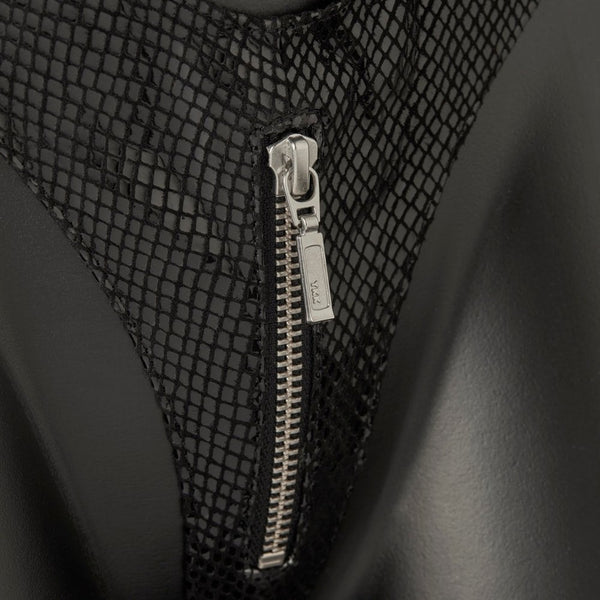 Corset en Cuir d’agneau noir effet Serpent et Elastique Satiné Détail sur Fermeture Éclair Argentée Entrejambe