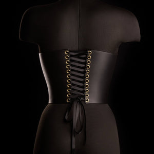 Corset SOPHIA IINFYNII noir avec double fermeture zippée et détail infini doré, corset structurant au design graphique, sélection Brigade Mondaine Paris