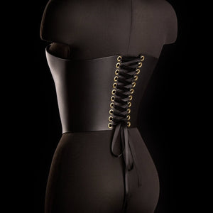 Corset SOPHIA IINFYNII noir avec double fermeture zippée et détail infini doré, corset structurant au design graphique, sélection Brigade Mondaine Paris