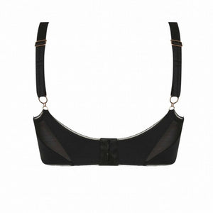 Soutien-gorge Miley CATANZARO noir avec bonnets structurés et fermeture zippée décorative, pièce haut de gamme proposée par Brigade Mondaine, sur fond blanc.