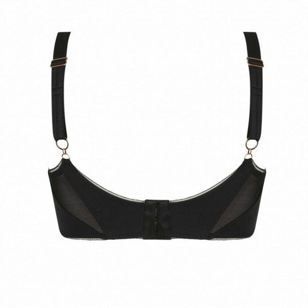 Soutien-gorge Miley CATANZARO noir avec bonnets structurés et fermeture zippée décorative, pièce haut de gamme proposée par Brigade Mondaine, sur fond blanc.