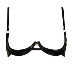 Soutien-gorge ouvert CATANZARO noir porté sur modèle, avec structure apparente et détails brillants, pièce haut de gamme proposée par Brigade Mondaine, sur fond blanc.
