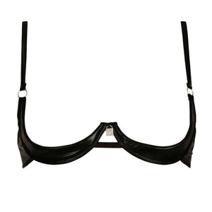 Soutien-gorge ouvert CATANZARO noir porté sur modèle, avec structure apparente et détails brillants, pièce haut de gamme proposée par Brigade Mondaine, sur fond blanc.