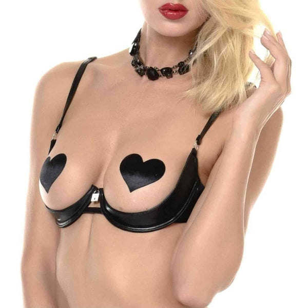 Soutien-gorge ouvert CATANZARO noir porté sur modèle, avec structure apparente et détails brillants, pièce haut de gamme proposée par Brigade Mondaine, sur fond blanc.