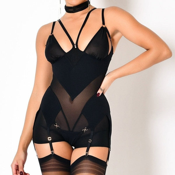 Combishort Billie noir en résille CATANZARO présenté chez Brigade Mondaine Paris, coupe près du corps, jeux de transparence, bretelles fines et attaches ajustables.
