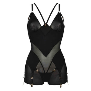 Combishort Billie noir en résille CATANZARO présenté chez Brigade Mondaine Paris, coupe près du corps, jeux de transparence, bretelles fines et attaches ajustables.