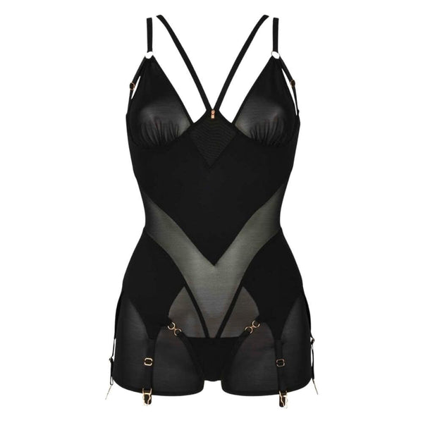 Combishort Billie noir en résille CATANZARO présenté chez Brigade Mondaine Paris, coupe près du corps, jeux de transparence, bretelles fines et attaches ajustables.