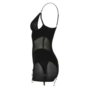 Combishort Billie noir en résille CATANZARO présenté chez Brigade Mondaine Paris, coupe près du corps, jeux de transparence, bretelles fines et attaches ajustables.