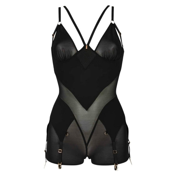 Combishort Billie noir en résille CATANZARO présenté chez Brigade Mondaine Paris, coupe près du corps, jeux de transparence, bretelles fines et attaches ajustables.