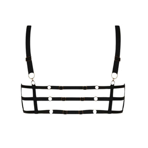 Set Soutien-Gorge, String et Porte-Jarretelles Fallon CATANZARO en dentelle noire et lanières ajustables, porté avec bas, sélection Brigade Mondaine.