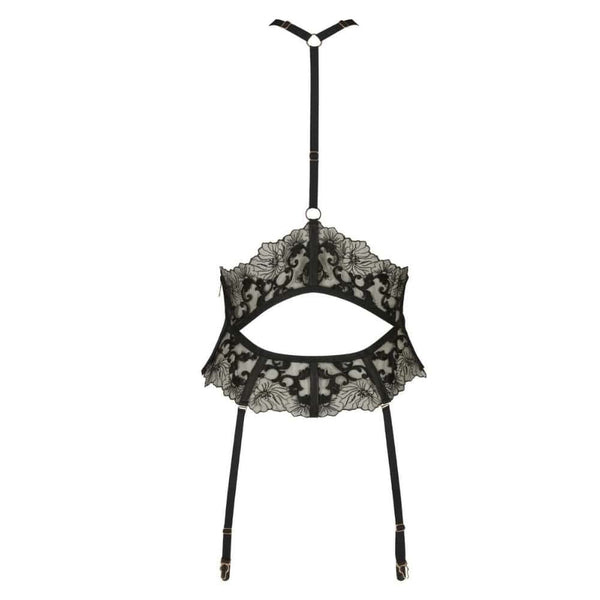 Set Soutien-Gorge, String et Porte-Jarretelles Fallon CATANZARO en dentelle noire et lanières ajustables, porté avec bas, sélection Brigade Mondaine.