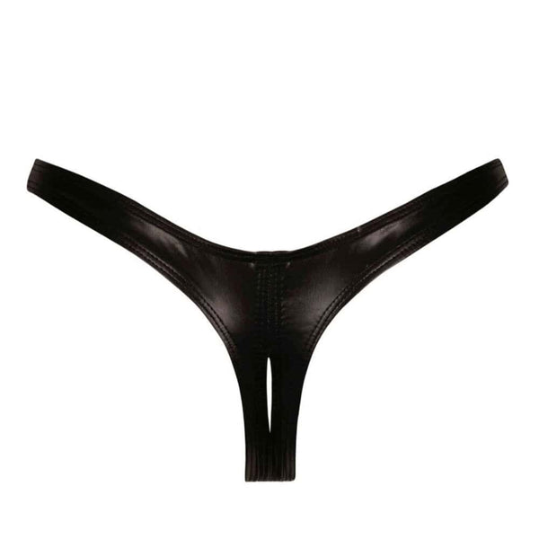 String Annabelle noir CATANZARO porté chez Brigade Mondaine Paris, coupe échancrée, matière lisse, porté avec bas noirs et bracelet assorti, photographié en studio.
