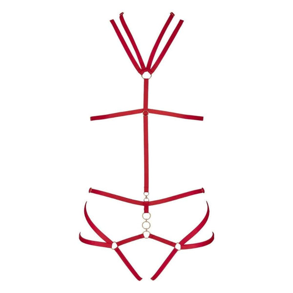 Harnais Nicole CATANZARO rouge porté sur body noir en tulle, avec sangles ajustables et anneaux métalliques, accessoire haut de gamme proposé par Brigade Mondaine.