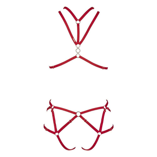 Harnais Nicole CATANZARO rouge porté sur body noir en tulle, avec sangles ajustables et anneaux métalliques, accessoire haut de gamme proposé par Brigade Mondaine.