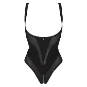 Body Ouvert Jenny CATANZARO noir, coupe ouverte avec jeu de bretelles et résille, porté avec bas filet, pièce proposée par Brigade Mondaine.