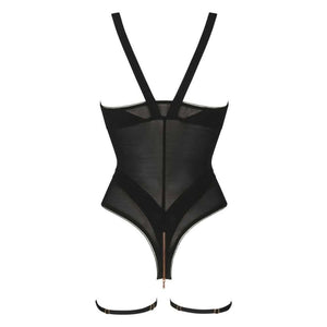 Body Ouvert Jenny CATANZARO noir, coupe ouverte avec jeu de bretelles et résille, porté avec bas filet, pièce proposée par Brigade Mondaine.