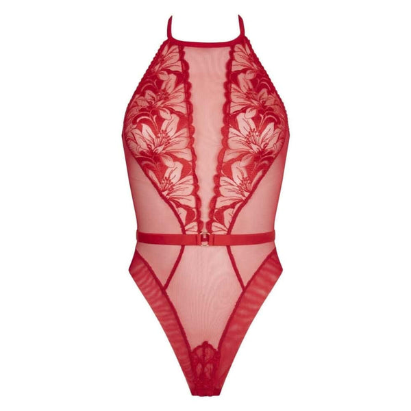 Body Nicole CATANZARO rouge en tulle et dentelle florale, coupe échancrée et col montant, pièce haut de gamme proposée par Brigade Mondaine.