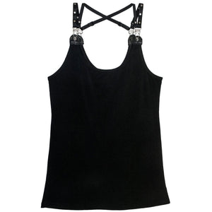 Débardeur noir avec bretelles avant à fermetures métalliques façon porte-jarretelles et bretelles harnais interchangeables à l’arrière. Une pièce modulable et audacieuse, mêlant sensualité et modernité.