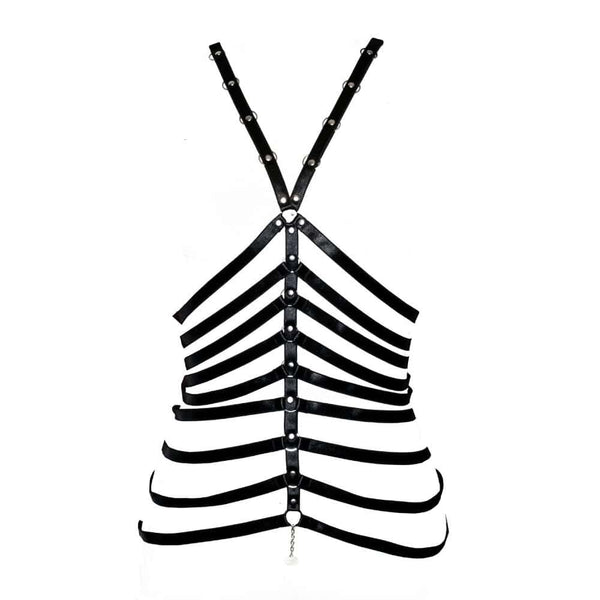 Harnais LALITA en lanières noires avec anneaux en métal, créant un effet structuré et audacieux. Ce modèle met en valeur la silhouette avec une touche de sophistication, présenté sur un fond blanc.