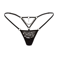 Packshot String Dentelle et Velour Noir avec Détailm Chaînes et Charms Argenté