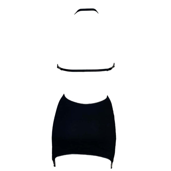 Robe Hedone en jersey doux extensible, découpes audacieuses devant, dos plongeant, liens réglables au cou et dos, clips porte-jarretelles intégrés pour un style modulable.