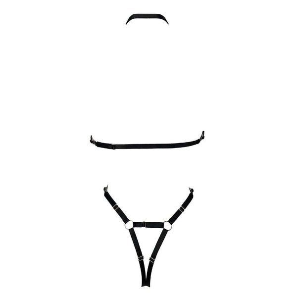 Body Peitho en jersey extensible à effet seconde peau, élastique picot, bretelles réglables et amovibles, ouvert à l’entrejambe pour un style audacieux et libre.