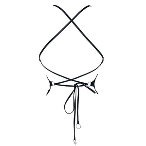 Soutien-gorge souple Eros en jersey extensible avec coupe ouverte, élastique picot, anneaux métalliques argentés, dos noué et bretelles réglables pour un ajustement parfait.