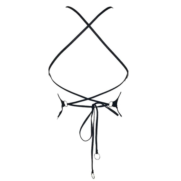 Soutien-gorge souple Eros en jersey extensible avec coupe ouverte, élastique picot, anneaux métalliques argentés, dos noué et bretelles réglables pour un ajustement parfait.