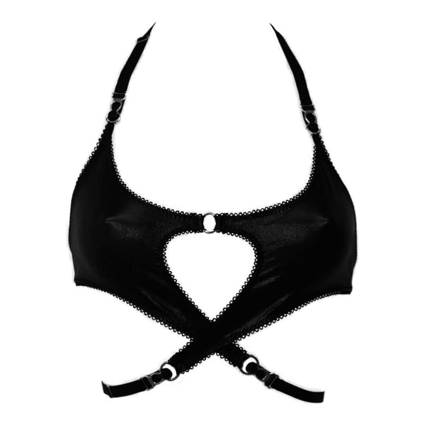 Lingerie réversible en tissu extensible doux, avec découpe cœur graphique et anneau métallique argenté central. Élastique picot et bretelles ajustables pour un confort optimal.