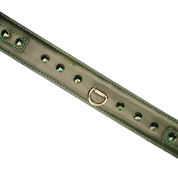 Collier laisse en cuir vert de la marque Liebe Seele, avec rivets décoratifs, boucle réglable et anneau métallique doré, présenté sur fond clair dans l’univers Brigade Mondaine Paris.