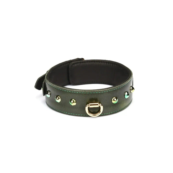 Collier laisse en cuir vert de la marque Liebe Seele, avec rivets décoratifs, boucle réglable et anneau métallique doré, présenté sur fond clair dans l’univers Brigade Mondaine Paris.
