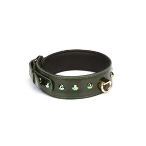 Collier laisse en cuir vert de la marque Liebe Seele, avec rivets décoratifs, boucle réglable et anneau métallique doré, présenté sur fond clair dans l’univers Brigade Mondaine Paris.