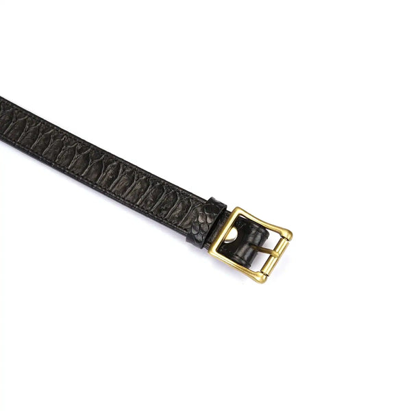Collier laisse en cuir embossé croco noir LIEBE SEELE avec chaîne dorée et mousqueton, présenté sur fond blanc