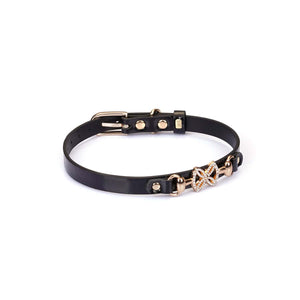 Choker Ajustable en simili cuir noir brillant nœud central en métal doré strass décoratifs