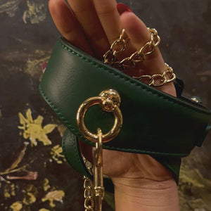 Photo d'un Collier incurvé en Cuir Vert de Devant avec une Laisse En Cuir Vert Avec Chaîne Dorée