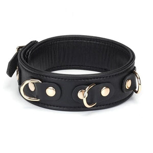Packshot du Devant d'un Collier en Cuir Noir avec Anneaux Dorés