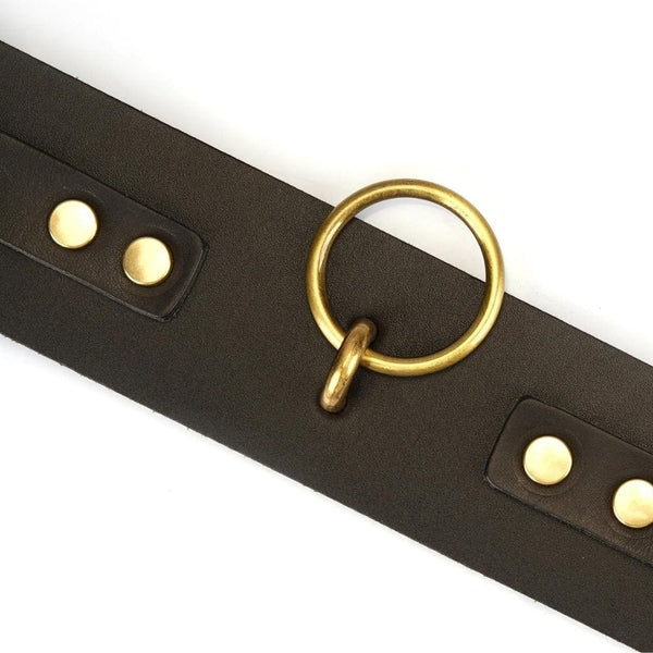 Détail sur l'Anneau du Packshot de de Menottes en Cuir Marron avec Anneaux Dorés Mises à Plat et Lien en Cuir Marron avec Mousquetons Dorés Mis à Plat