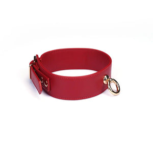 Set Collier Crimson Desire LIEBE SEELE en cuir rouge avec collier ajustable, laisse amovible et chaîne métallique dorée, présenté sur fond blanc en vue produit détaillée