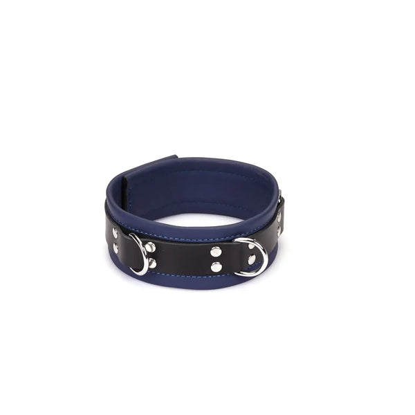 Set Collier Cerulean LIEBE SEELE en cuir bleu avec collier ajustable, laisse amovible en chaîne métallique argentée et poignée, présenté sur fond blanc en vue produit détaillée