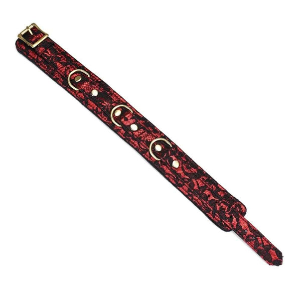 Collier de bondage Victorian Garden en dentelle noire et cuir vegan rouge, avec détails dorés et laisse amovible. Élégant, confortable et ajustable, idéal pour des jeux BDSM raffinés.