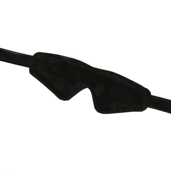 Bandeau Boudoir Amor en similicuir vegan noir, bloquant la vision. Réglable avec boucles métalliques robustes pour un confort optimal. Parfait pour des expériences de privation sensorielle dans le jeu BDSM.